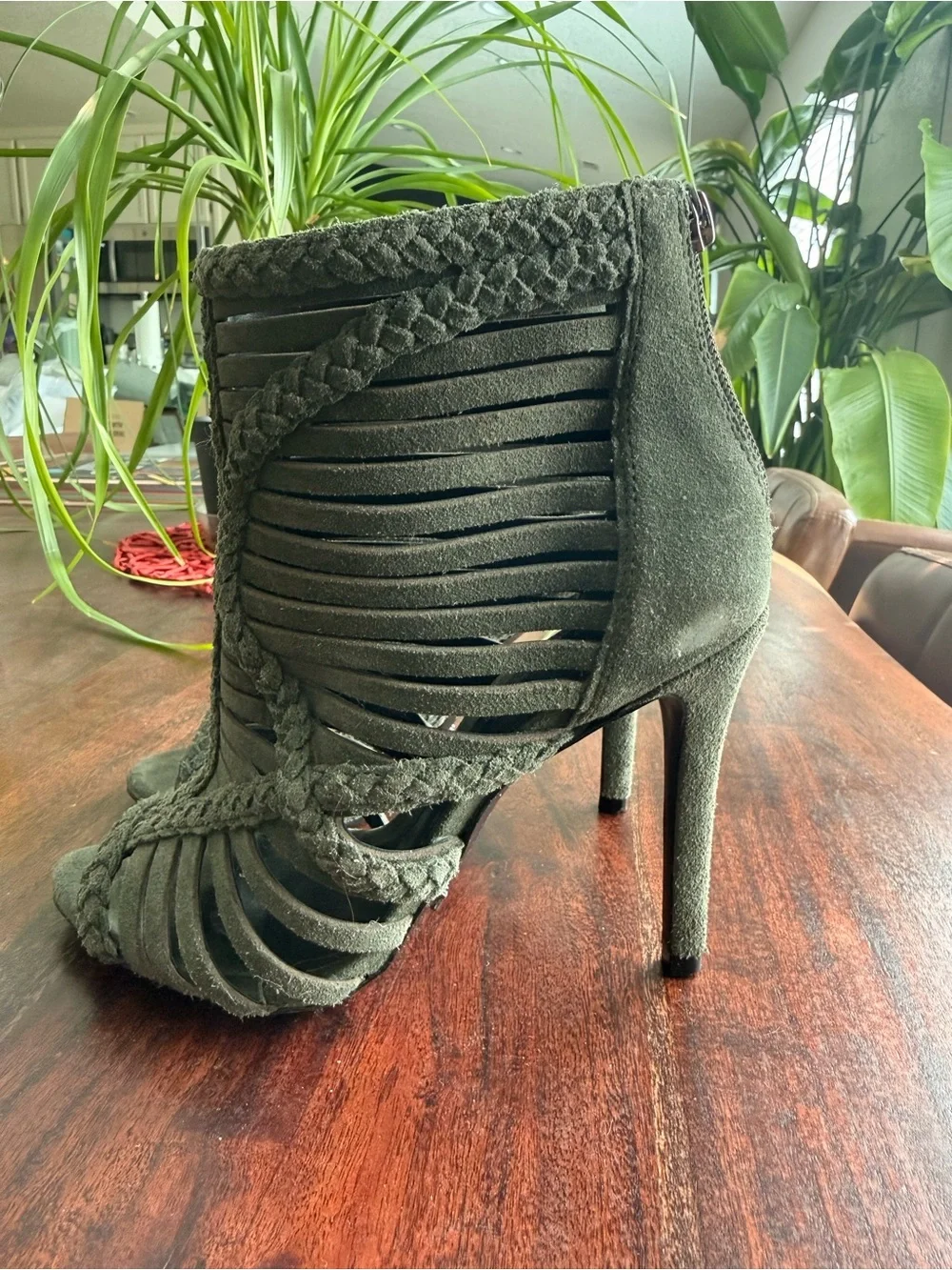 Schutz Olive Green Braided Strappy High Heel Sandals